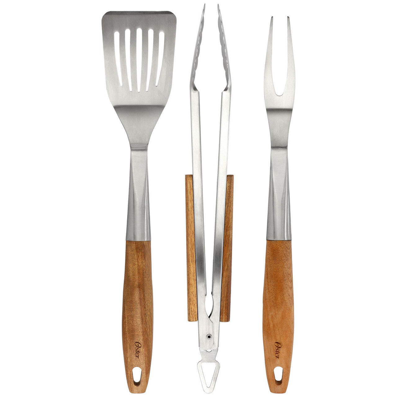Oster Balincourt 3 Piece Stainless Steel and Wood BBQ Tool Set in Brown-0