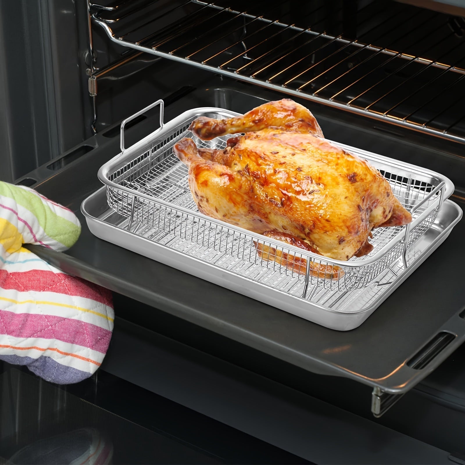 Stainless Steel Oven Grilling Basket with Double Handle-2