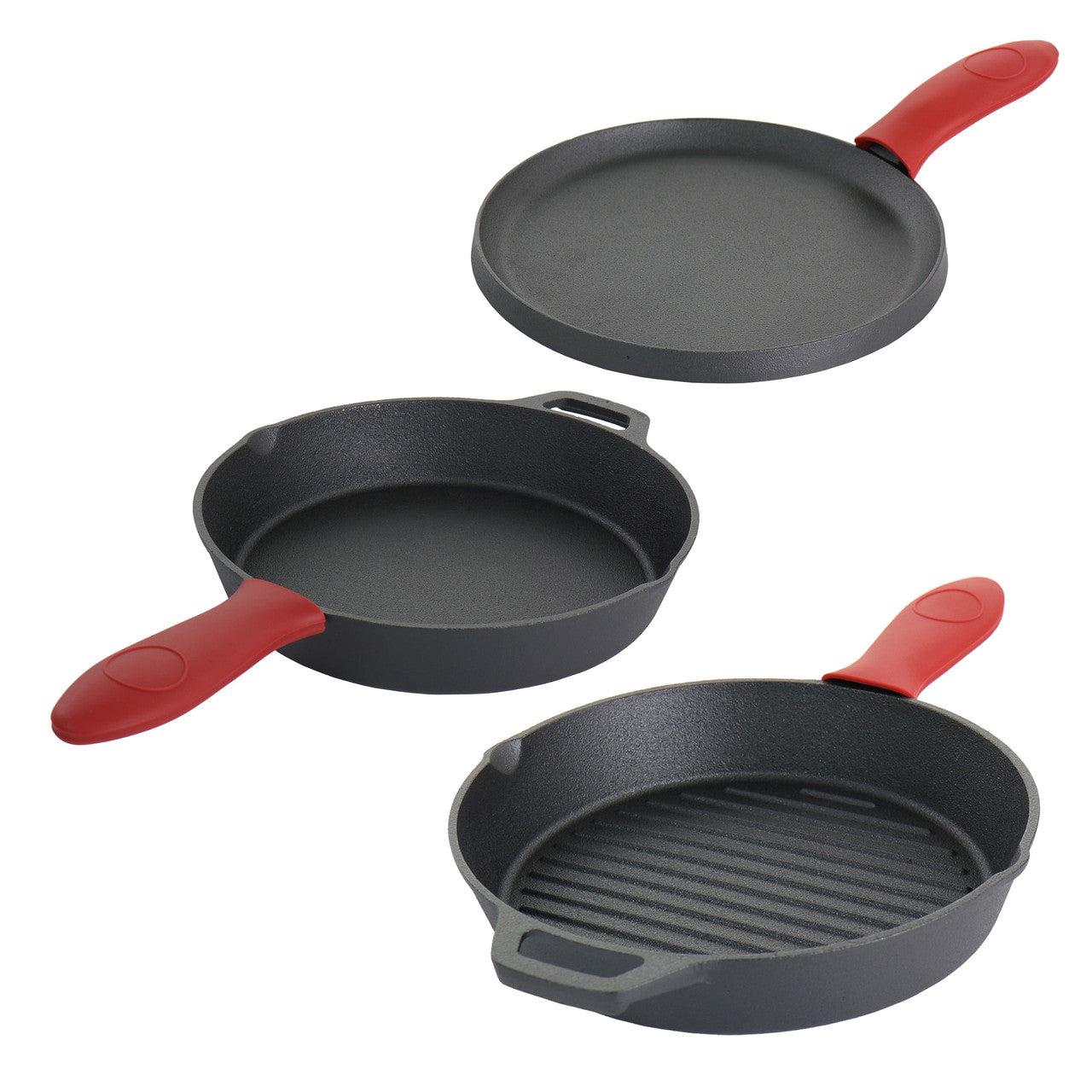 MegaChef Pre-Seasoned Cast Iron 6 Piece Set with Red Silicone Holders-0