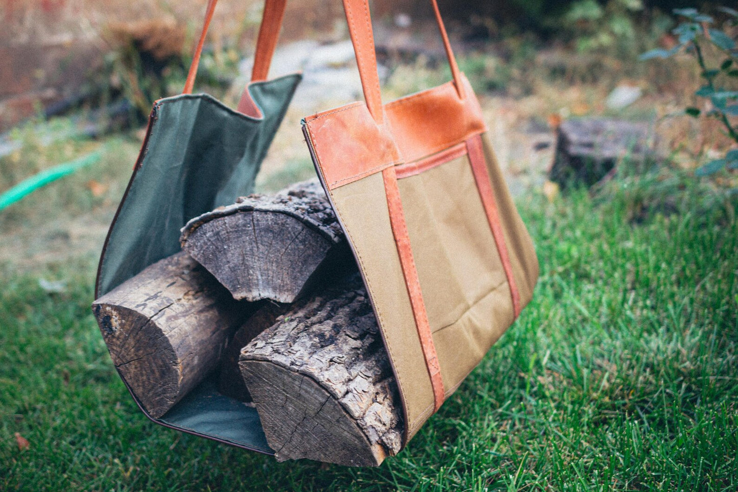 Heavy-Duty Canvas Firewood Carrier — with Leather Trim